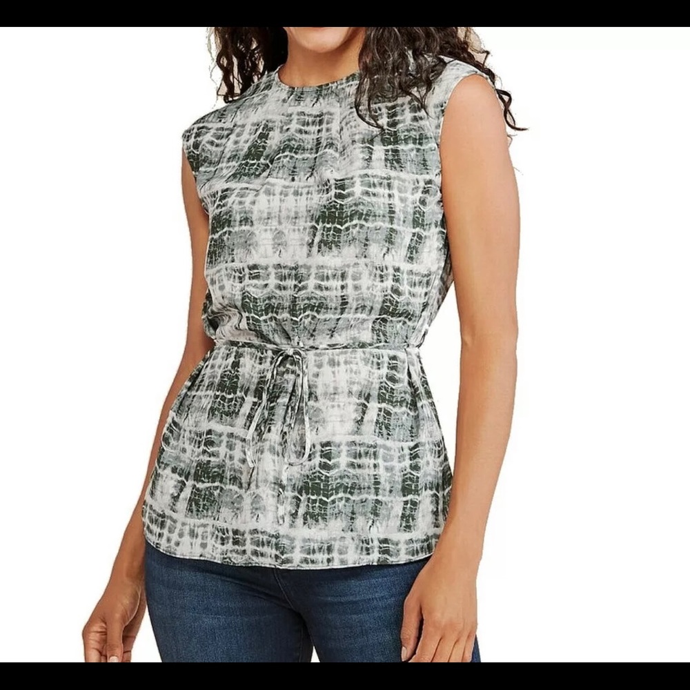 H Halston Womens Blouse Green Size XS Tie-Dye Pleat-Neck